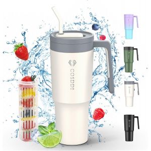Tianyi-Gobelet Isotherme Avec Paille, 1180 Ml, Gobelet À Café À Emporter Avec Paille Et Poignée, 1180 Ml, Gobelet De Voiture, Gobelet Isotherme, Double Paroi En Acier Inoxydable, Anti-Fuite, Beige - Neuf