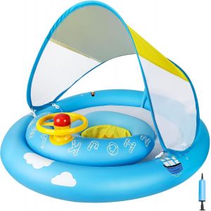 Bouée Bébé Avec Pare Soleil Upf 50+ Bouée Piscine Gonflable Enfant De 6 À 30 Mois Avec Siège Ajustable Flotteur Piscine Bébé Bouée De Natation Avec Volant Klaxon - Neuf