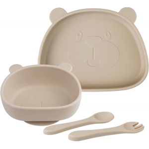 Kal-Set Vaisselle Pour B&eacute;b&eacute; Silicone Avec Ventouse, 4 Pi&egrave;ces, Set Repas Pour Enfants, Inclus Anti-D&eacute;rapant Assiette, Bol, Cuill&egrave;re + Fourche, Compatible Lave-Vaisselle, Micro-Onde, Sans Bpa - Neuf