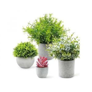 Lot de 4 Plantes Artificielles en Pot Gris R&eacute;alistes - Eucalyptus Romarin Succulente D&eacute;co Int&eacute;rieur Bureau Cuisine - Sans Entretien - Neuf