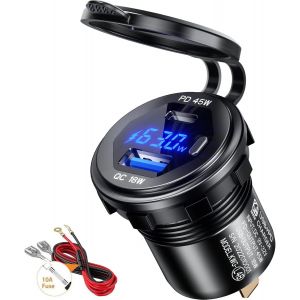 Prise de Chargeur de Voiture 18W QC3.0 USB et 45W PD Type C avec Voltm&egrave;tre Num&eacute;rique LED et Interrupteur &Eacute;tanche pour 12V-24V Voitures Bateaux Moto - Neuf