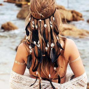 Bandeau Style Boh&egrave;me En Plumes Indiennes - Noir - Fait &Agrave; La Main - Accessoire Pour Cheveux - Neuf