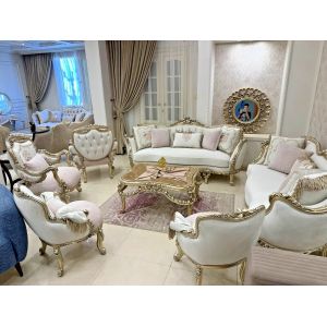 Salon Complet Louis Xv Blanc Et Beige &Eacute;l&eacute;gant En Bois Sculpt&eacute; + Un Tapis Offert - Neuf
