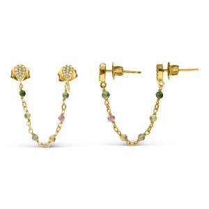 Boucles D'oreilles Argent Dorées Doubles Reliées Gouttes Multi-Tourmaline - Neuf