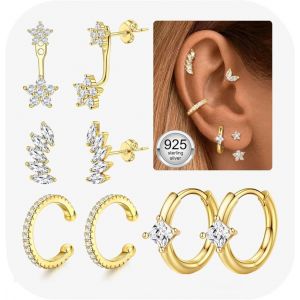 5 Paires Boucles D'oreilles Femme Argent 925 Plaquée Or 14k Créoles Argent Boucles D'oreilles Zircon Piercing Oreille Cartilage Boucles D'oreilles Femme Or Pour Piercings Multiples.[X872] - Neuf