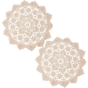 Eryi-2 Napperons Ronds En Dentelle De 35cm De Diamètre Grands Dessous De Verre Ronds En Dentelle Au Crochet Vintage Beige Feuilles Florales Brodées Sets De Table Pour Cuisine Salle À Manger - Neuf
