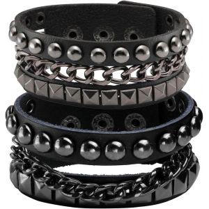 Kal-1-4pcs Bracelet Punk Clout&eacute; Bracelet Large En Cuir De Motard Rock N' Roll Pour Hommes Et Femmes - Neuf