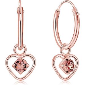 Kal-® Boucles D'oreilles Petites Créoles En Argent Fin 925 Plaqué Or Rose Et Pendentif Coeur Avec 3 Mm Cristaux De Swarovski® Elements Ronds - Diamètre: 12 Mm - Choix De Différentes Couleurs - Neuf