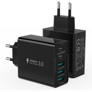 Lot de 2 chargeurs USB C 50 W - Multiprise - 5 ports - Bloc d'alimentation mural - Fast Charge PD20W - Compatible avec iPhone 11/12/13/14/15/16/Galaxy S21/S22/S23/t&eacute;l&eacute;phones portables/tablettes - Noir - Neuf