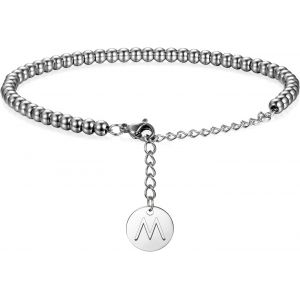 Kal-Bracelet Perlé Pour Homme Femme, Chaîne De Main Réglable De Perles Acier Inoxydable Poli Pendentif Rond 26 Lettres Alphabet Couleur Argent Classique Fantaisie Cadeaux Anniversaire Noël - Neuf