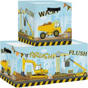 Bo&icirc;tes de Rangement Lot de 3 V&eacute;hicules de Construction Paniers de Rangement Cube Grue Bulldozer Enfant Pliables Coffre &agrave; Jouets Gar&ccedil;ons Filles pour &Eacute;tag&egrave;res Livres,Camion Benne,30x30x30 cm - Neuf