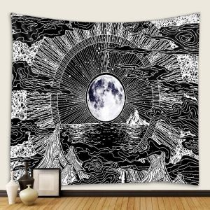Tapisserie Murale Psychédélique Avec Motif Lune, Étoile Et Nuage, Noir Et Blanc, Pour Chambre - Neuf