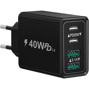 Chargeur USB C Rapide,40W 4 Port Prise USBC Chargeur Rapide,3.1A PD+QC Type C Adaptateur Multi Secteur Chargeur pour iPhone16 15 14 13 12 11 Pro Max X XS XR 8 Plus Mini SE,Samsung,iPad - Neuf