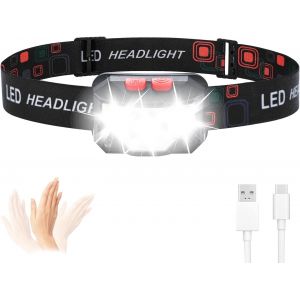 Lampe Frontale Rechargeable, Léger Torche Frontale Led Puissante Avec Voyant Rouge, 8 Modes D'éclairage, Capteur Mouvement, Ipx45 Étanche, Angle Réglable Torche Pour Camping/Urgence - Neuf