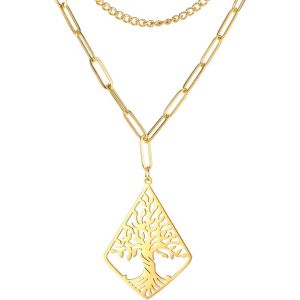 Kal-Collier À Couches Arbre De Vie Rhombique En Acier Inoxydable Collier À Pendentifs Arbre De Vie De Famille Inspiré Par La Nature Bijoux Spirituels Pour Femme Homme - Neuf