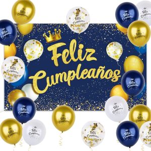 Chicslick-Décor De Photo En Espagnol Feliz Cumpleaños Banderole 1.1 X 1.8m + 12pcs Ballons + Rouleau De Ruban De Soie Toile De Fond Grand Tissu De Photographie Bannière Or Bleu Pour Fête Ann[X1586] - Neuf