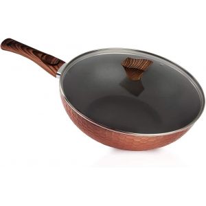 Subzonal-Wok Avec Manche En Bois Et Couvercle I 32 Cm De Diam&egrave;tre Wok Avec Rev&ecirc;tement Antiadh&eacute;sif I Po&ecirc;le Pour Plaques &Agrave; Induction Et Cuisini&egrave;re &Agrave; Gaz I Po&ecirc;le Professionnelle En Fonte D'aluminium I - Neuf