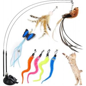 Letnerny-Jouet À Plumes Pour Chats, Jouet Chat Interieur, Interactifs Pour Chats Avec 2 Baguette Magique, Peche Chat Avec Ventouse (10pcs) - Neuf