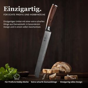 Mevronisshop-Edib Couteau &Agrave; Pain En Damas I Lame Dentel&eacute;e De 20 Cm En Acier Damass&eacute; &Agrave; 67 Couches Avec Noyau Vg10 Et Manche En Bois De Pakka I Couteau De Cuisine Professionnel & Couteau Damass&eacute; - Neuf
