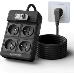 Multiprise avec disjoncteur diff&eacute;rentiel int&eacute;gr&eacute;, 4 Prises RCD 16A/250V avec Interrupteur FI/Circuit Breaker, multiprise FI 4000W avec c&acirc;ble d'extension de 3m et disjoncteur RCBO 30mA, Noir - Neuf