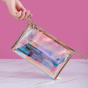 Trousse de maquillage holographique, trousse de toilette transparente avec fermeture éclair et poignée portable, petite trousse de maquillage pour femmes et filles, étanche pour la plage - Neuf