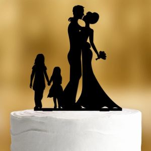 Sansh-Topper, Décoration De Gâteau De Mariage Présentant De Jeunes Mariés Et Des Enfants Filles, En Verre Acrylique Noir, Xl, Figurine Monsieur Et Madame - Neuf