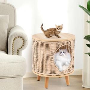 Maison Pour Chat Intérieur Costway 36x41cm, Cadre En Rotin Pe Respirant, Pieds En Bois Caoutchouc, Plateau En Mdf, Coussin Amovible - Neuf
