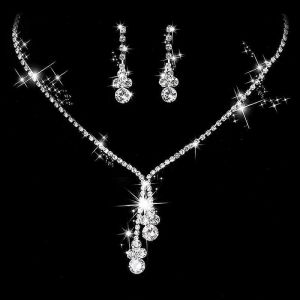 Mode Cristal Mariée Bijoux Ensemble Strass Plaqué Argent Robe De Mariée Banquet Collier Boucle D'oreille Ensemble Dames Cadeau - Neuf
