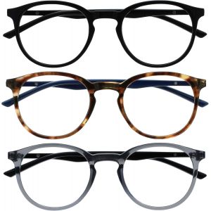Lunettes Anti-Lumi&egrave;re Bleue Pack De 3 Montures Rondes Et Minces Charni&egrave;res &Agrave; Ressort Am&eacute;liore Le Sommeil Jeux Ordinateur Noir Marron Gris Transparente Hommes Femmes Bbb60-127 +0.00 - Neuf