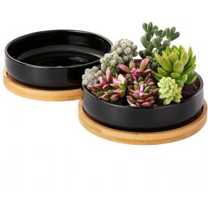 Nouvelhorizonstore-2pcs Pots De Fleur- Pot De Fleur En C&eacute;ramique, Pot De Plante Avec Trou Et Soucoupe, Vase D&eacute;coratif En Pot Rond Artificiel, Pour Balcon, Mariage, Bureau, D&eacute;coration De La Maison(Noi - Neuf
