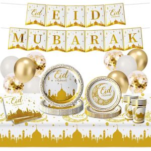 MEVRONISSHOP-Eid Mubarak Vaisselle Jetable D&eacute;coration, 52 Pieces Vaisselle Aid Moubarak 2025, Aid Mubarak D&eacute;coration avec Assiette, Serviette, Gobelet, Nappe, Banderole et Ballons - Neuf