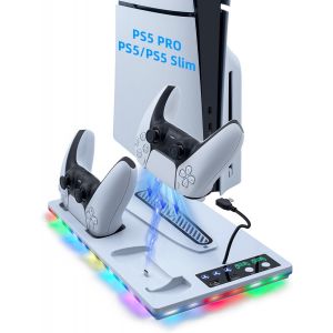 Lkljij-Support Pour Ps5 Pro/Slim Ventilateur De Refroidissement À 3 Vitesses, Chargeur Manette Ave Indicateur Rvb, Station De Recharge Pour Ps5 Slim Digital/Disc Edition Ave 2 Usb ¿ Blanc - Neuf