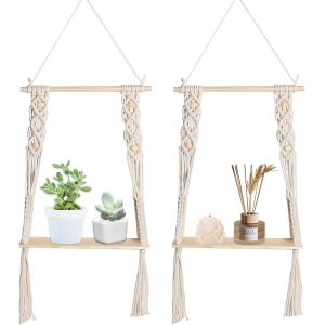 CAUC-Etagere Murale Bois Macram&eacute;, 2 Pi&egrave;ces D&eacute;coration Murale Boh&egrave;me en Macram&eacute;, &eacute;tag&egrave;re Flottante Tiss&eacute;e &agrave; La Main pour Mur, &eacute;tag&egrave;re Suspendue en Bois Flott&eacute; Naturel, &eacute;tag&egrave;res Flottantes - Neuf