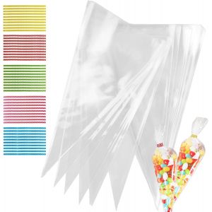 Mevronisshop-50pcs Sachets C&ocirc;ne Transparent Avec Liens Torsad&eacute;s, Emballage Pour F&ecirc;te, Party, Birthday, 13 X 25cm - Neuf