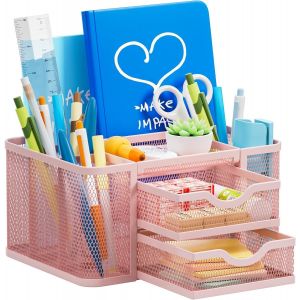 Organisateur de Bureau Métal,Organisateur de Stylos Avec 2 Tiroirs, Desk Organizer Avec 5 Compartiments et Accessoires Pour Articles de Bureau à Domicile(Rose) - Neuf
