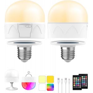2 Packs D'ampoules Led Usb-C Rechargeables,2800mah,9w,Luminosité Réglable,Télécommande 9 Couleurs,Avec Fonction De Minuterie,Crochet Et Base Pour L'extérieur - Neuf
