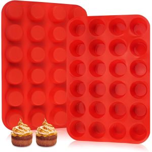 Jexnovashop-2 Pi&egrave;ces Moules &Agrave; Muffins En Silicone, Moule Cupcake Muffins Pour 24 Moules, Moule Mini Muffins Silicone, Antiadh&eacute;sifs Moule Muffins, Passe Au Lave-Vaisselle, Pour Cupcakes, G&acirc;teaux (Roug - Neuf