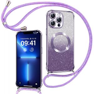 TRAHOO-Couqe Magn&eacute;tique pour iPhone 13 Pro Con Cordon, Compatible avec MagSafe, Brillant Glitter Paillet&eacute; Antichoc Durable R&eacute;sistante Etui Housse pour iPhone 13 Pro Anti-Poussi&egrave;re Bumper, Violet - Neuf