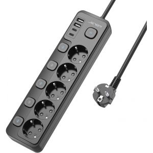 Multiprise USB avec Interrupteurs individuels,Multiprise avec 5 Prises et 2 USB A,2 USB,Bloc Multiprises (3680W 16A) USB avec Cable 2m pour Smartphone Tablette- Noir - Neuf