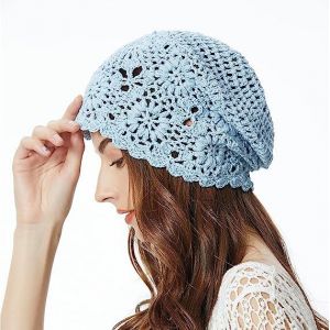 Bonnet Femme En Coton Fin (Bleu Ciel), Bonnet Tête De Mort Fleur D'été Évidé Tricoté Main - Neuf