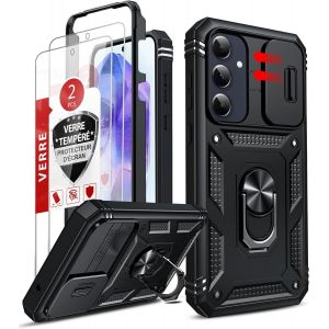 Kal-Coque Pour Samsung Galaxy A55 5g Avec 2*Verre Trempé+Anneau Support,Full Protection De La Caméra En Pc Dur Anti-Chut Renforcée Armor Heavy Duty Antichoc Bumper Housse Etui Coque A55 5g-Noir - Neuf