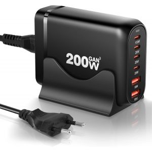 JGD-200W 6 Port GaN III Chargeur Rapide Multiple avec 4 USB-C et 2 USB-A pour MacBook Pro, iPhone, iPad Pro, Galaxy - Neuf