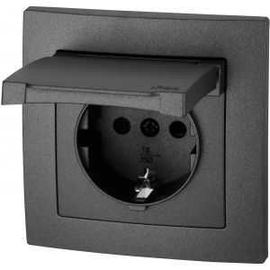 Prise encastr&eacute;e avec couvercle rabattable &agrave; ressort IP44 - raccordement par serrage - All-in-One - ET-1 Anthracite - Neuf