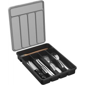 Eryi-Range Couverts Pour Tiroir Avec Couvercle, Boîte De Rangement Couverts De Cuisine, Organisateur De Couverts En Plastique, Pour Cuillères Fourchettes, Couteaux, 5 Compartiments, Noir - Neuf