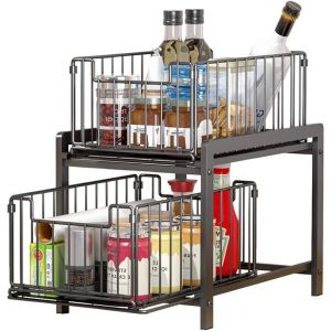 Rangements Sous Evier 2 Niveaux Organisateur Coulissant Avec 2 Tiroirs Porte-Épices Pour Comptoir De Cuisine Organisateur Pour Salle De Bain, Cuisine, Bureau (Ordinaire, Noirnoir) - Neuf