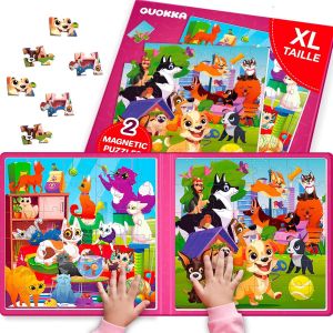 KAL-Puzzle Magn&eacute;tique Enfant 3 4 5 Ans - 2X48 Pi&egrave;ces Jeux Magn&eacute;tique Enfant - Jeux Voyage Pour 5 6 Ans - Jouets Pour L'Avion Avec Chats Et Chiens - Cadeau &Eacute;ducatif Pour Gar&ccedil;ons Et Filles - Neuf