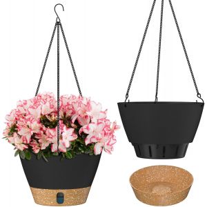 Pot De Fleurs Suspendu De 20 Cm Avec Plateau &Agrave; Niveau D'Eau Visible, Trous De Drainage, Soucoupe Pour Les Plantes D'Int&eacute;rieur Et D'Ext&eacute;rieur (Noir, Lot De 2) - Neuf