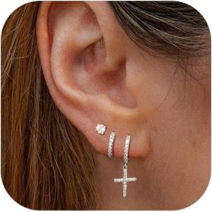 Boucles D'oreilles Pour Homme Femme Plaqué Or 14 Carats Croix Cz Boucles D'oreilles Dangle Boucles D'oreilles Croix Manchette Percing Cartilage Oreilles Hoop.[X2795] - Neuf