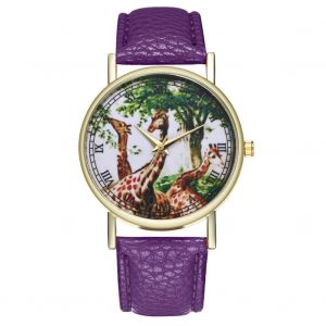 Montre-Bracelet Zhoulianfa A Quartz Avec Cadran Rond En Pu Et Motif Girafe Pour Homme Et Femme (Violet) - Neuf
