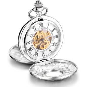 Trahoo-Montre De Poche Mécanique, Montre De Poche Chiffres Rétro Creux Squelette En Acier, Montre Pendentif Pour Homme Femme, Avec Deux Chaînes, Cadeau De Noël Et Anniversaire - Neuf